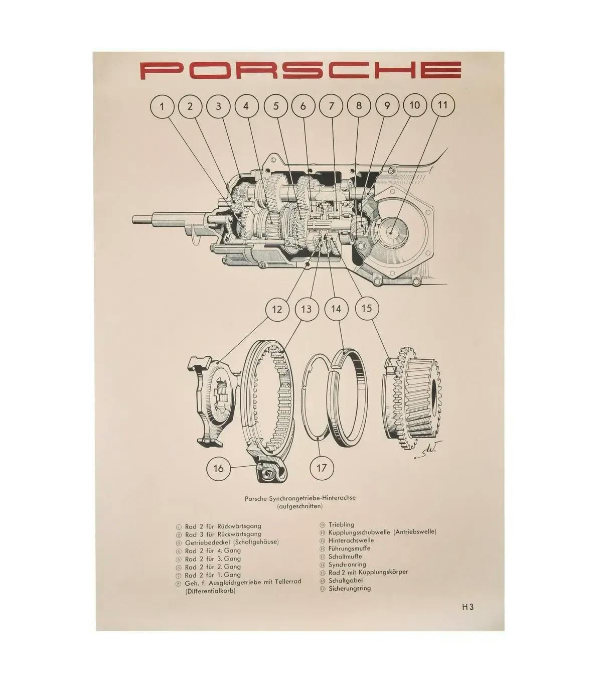 Corte transversal de la caja de cambios sincronizada del Porsche 356 A  2