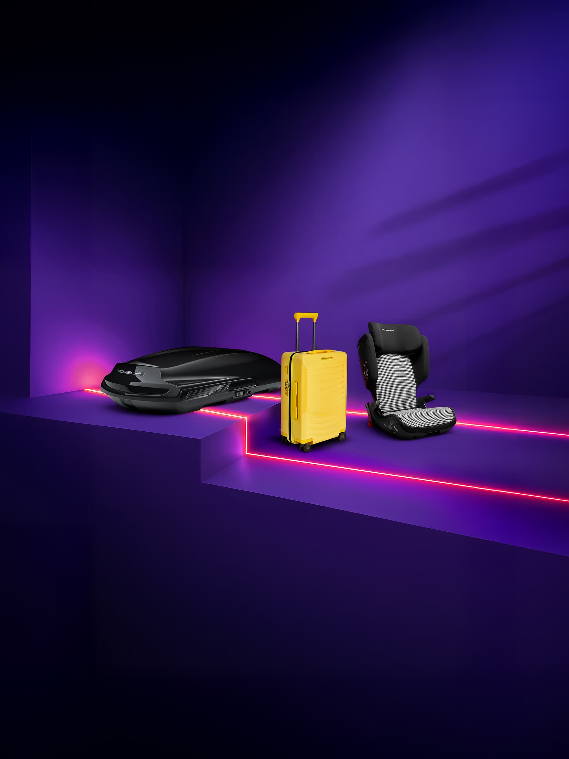 Roof box, suitcase and child seat with pepita pattern on purple background