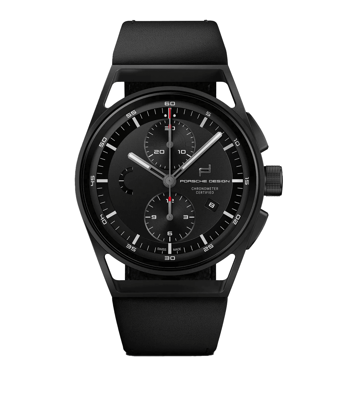 Black Porsche Design chronograph wristwatch with black dial, red accents and leather strap.