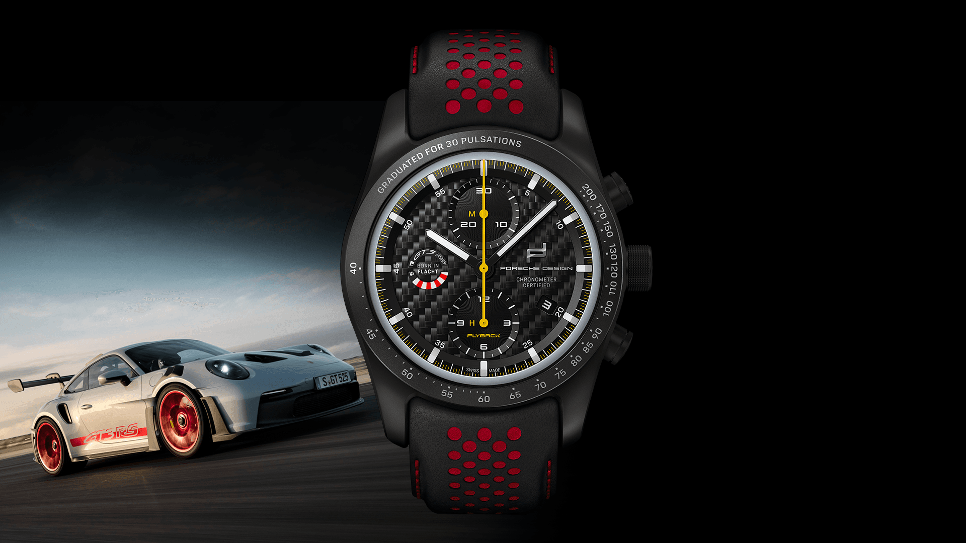 Pictured is the chronograph 911 GT3 RS Porsche wristwatch and in the background is a silver Porsche 911 GT3 RS with red stripes