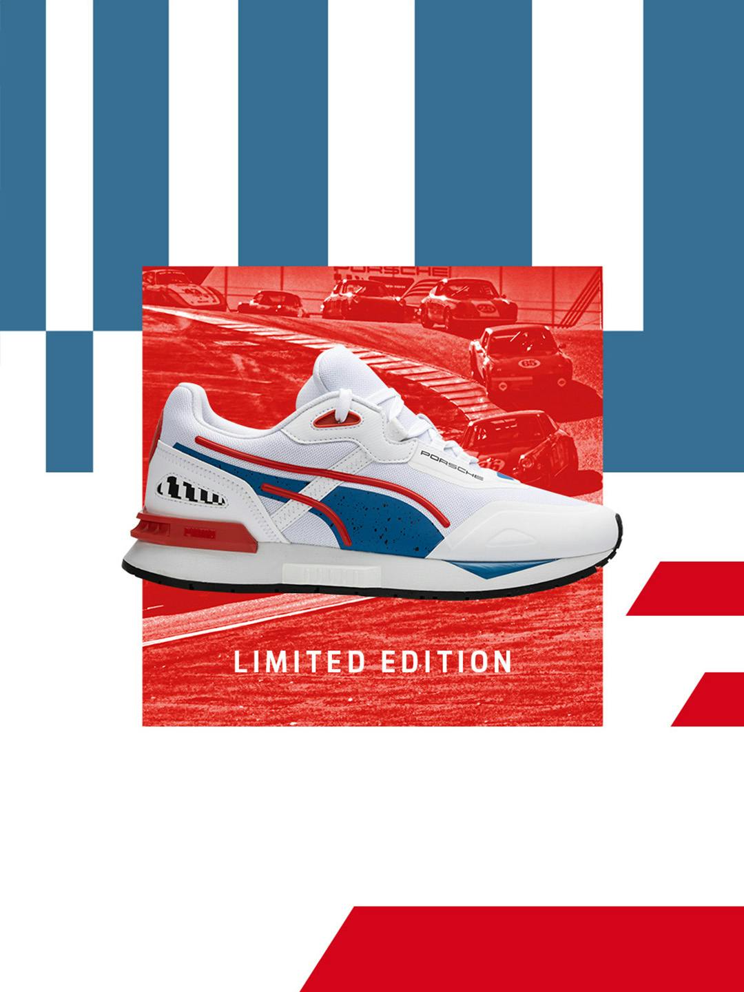 You can see a black sneaker with red and blue details with a white writing "Limited Edition". In the background is an old picture with a Porsche race track.