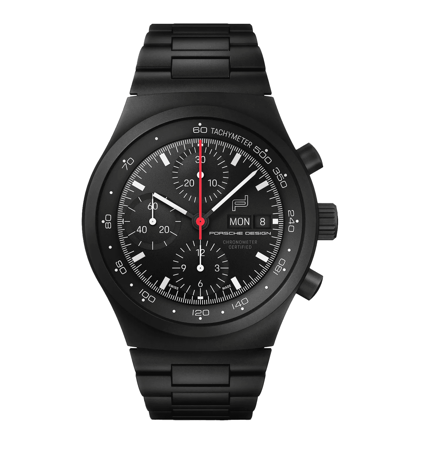 Czarny chronograf Porsche Design z metalową bransoletą, pierścieniem tachymetru i czerwoną wskazówką sekundową.