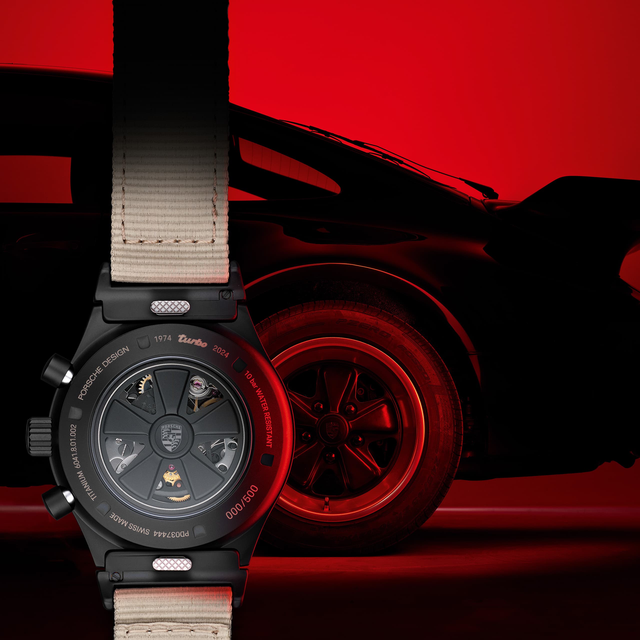 Comparison of the back of the Chronograph 1 - 50 Years 911 Turbo Edition and the Fuchs rim of the Porsche 911 Turbo