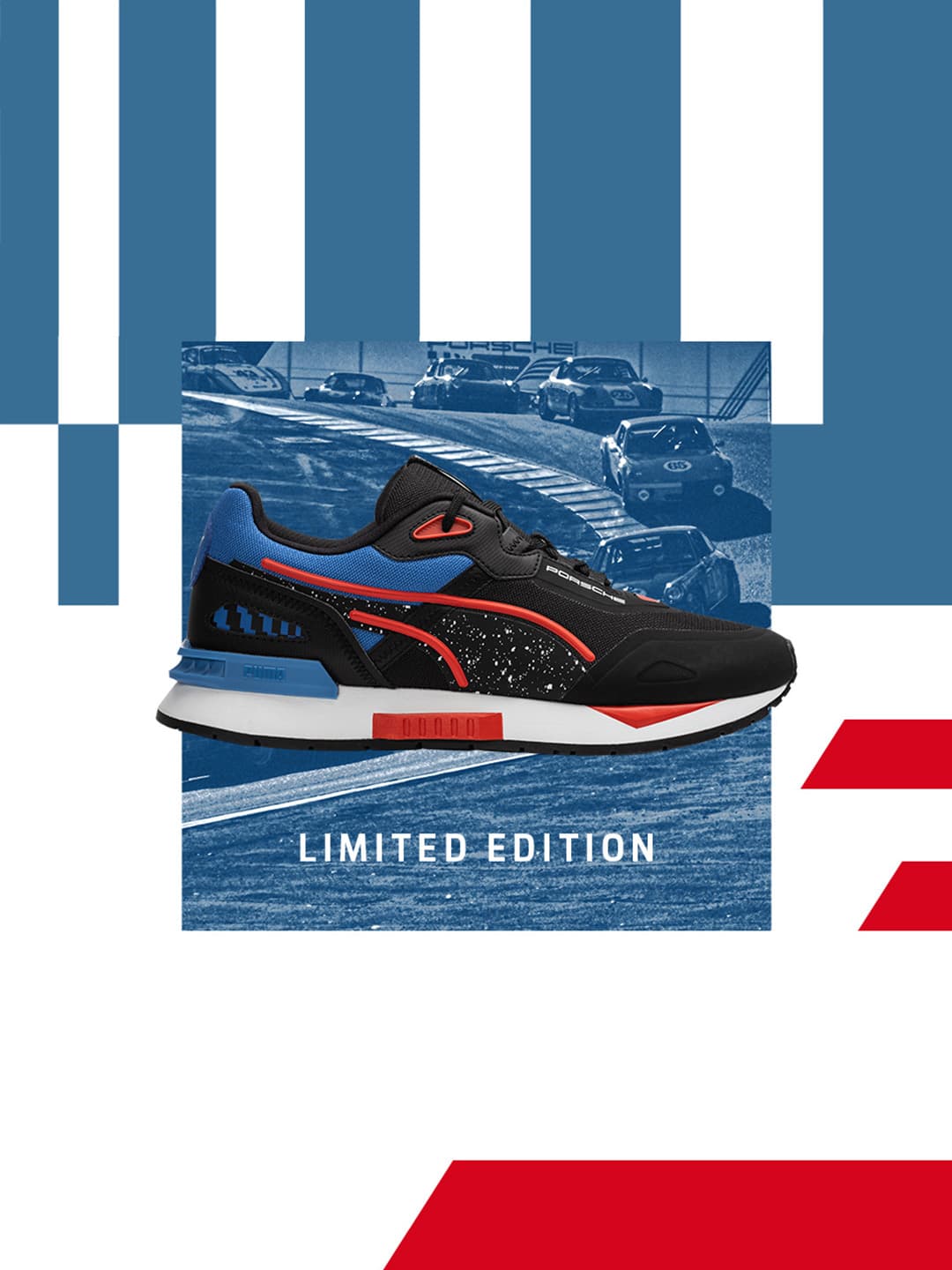 You can see a black sneaker with red and blue details and the words "Limited Edition". In the background you can see an old picture with a Porsche racetrack