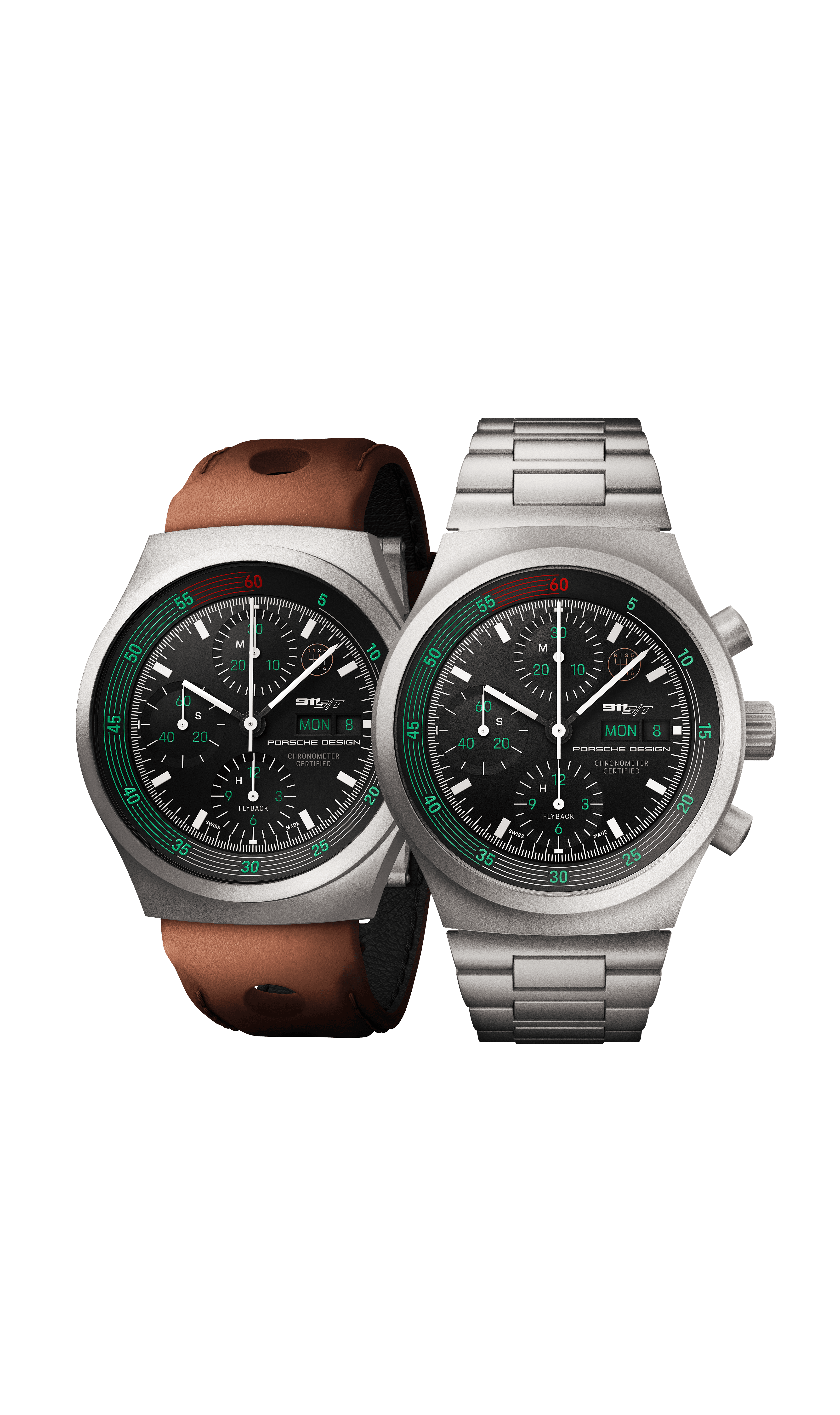 Two Porsche Design chronographs with black dials, green accents, and leather and metal straps.