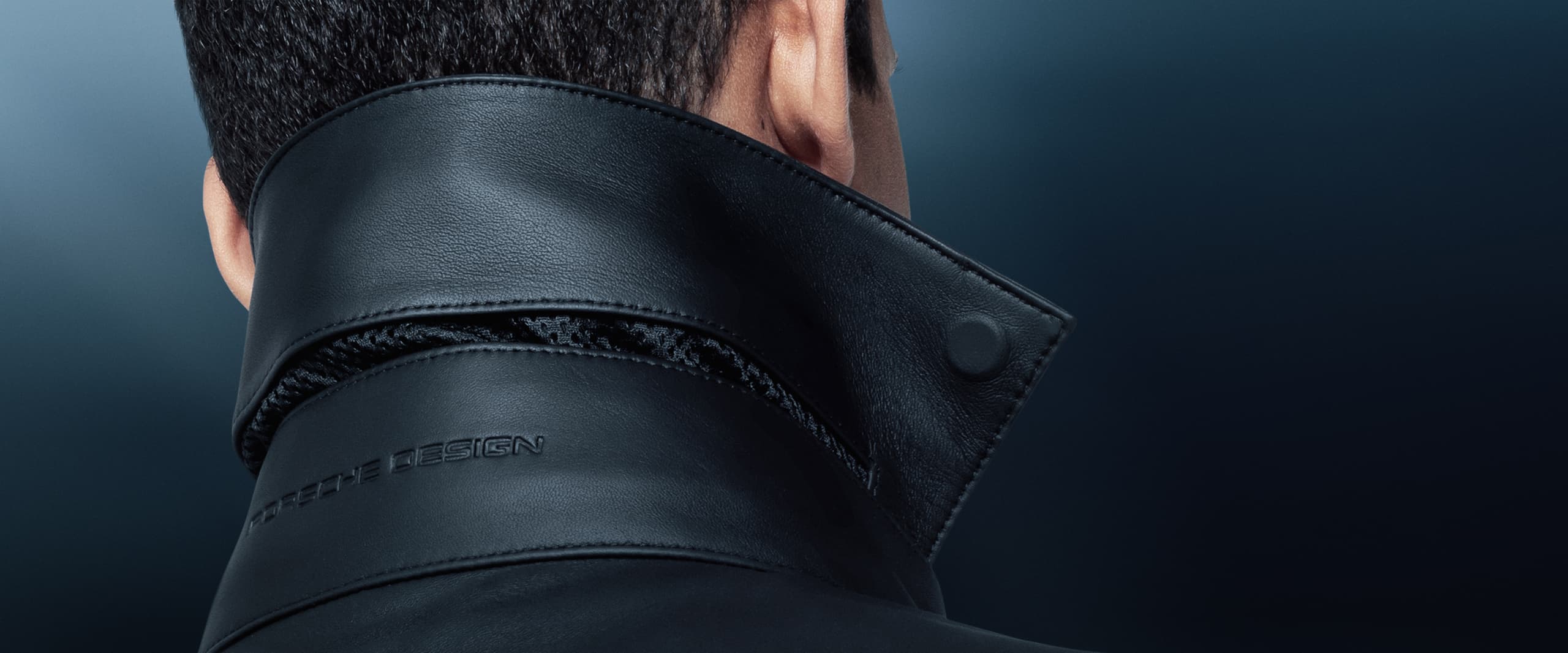 Close-up of the collar of a leather jacket by Porsche Design
