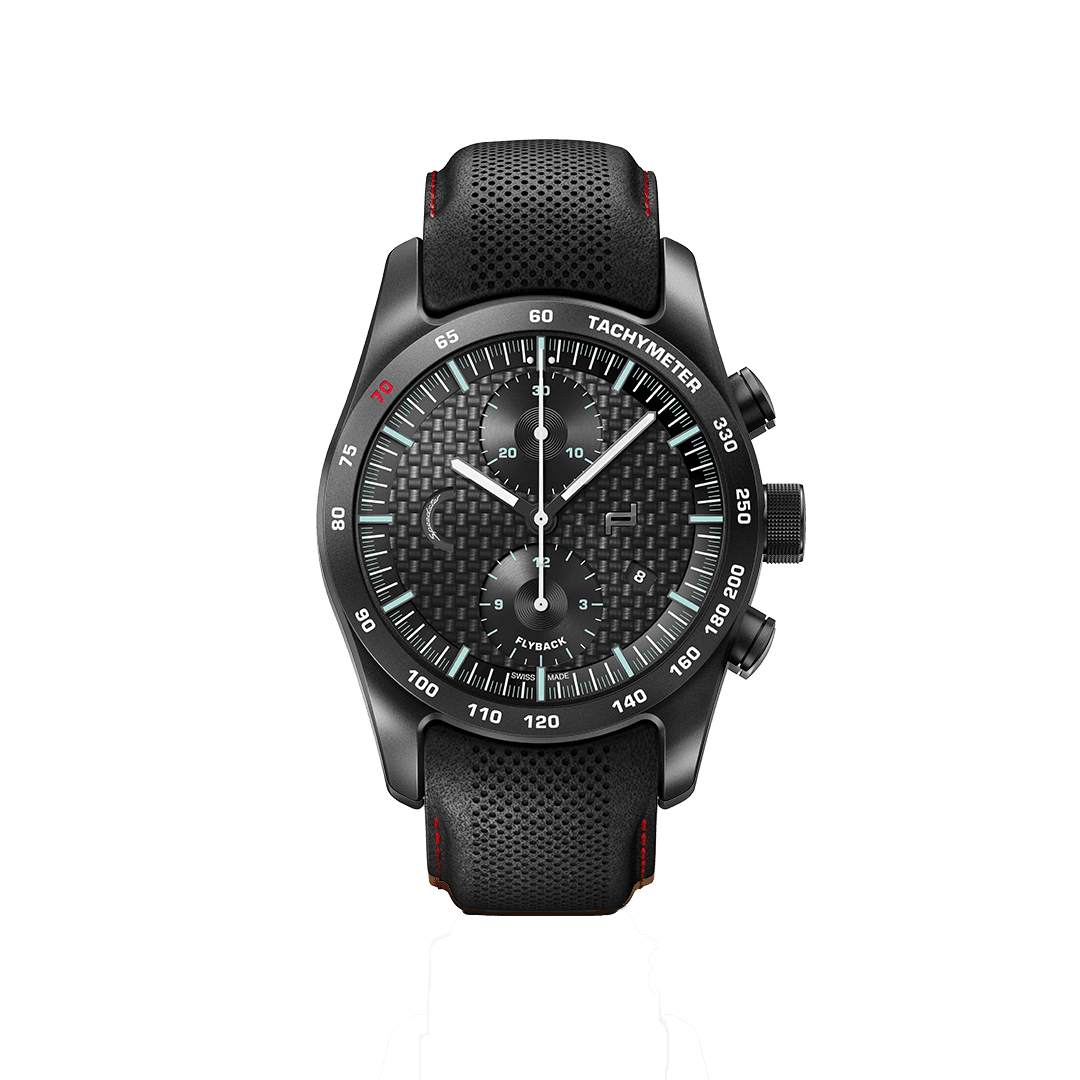 Pictured is the Chronograph 911 Speedster Porsche wristwatch with black strap