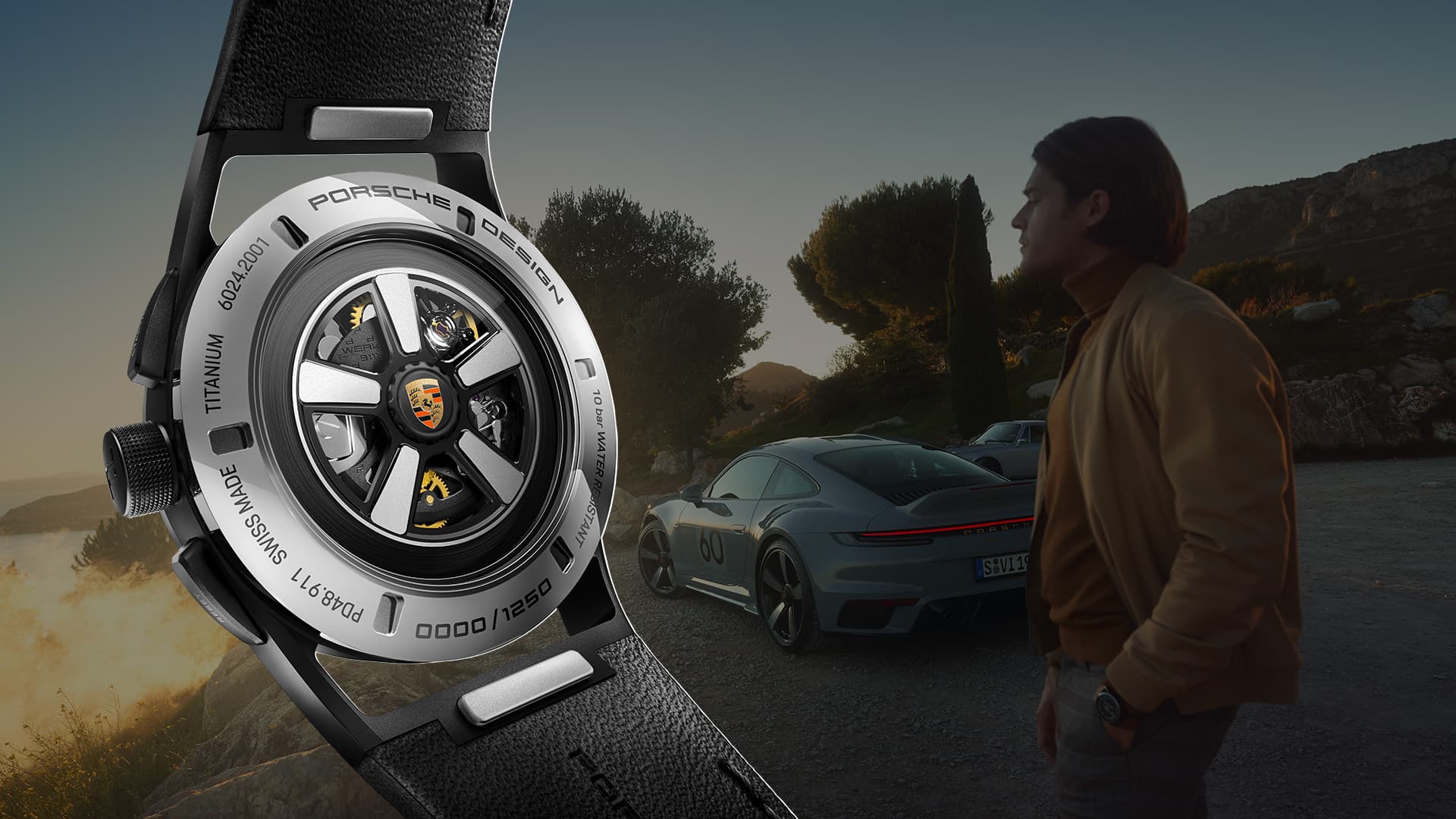 Chronograf 911 Sport Classic widziany od tyłu, z logo Porsche i oznaczeniem 911; w tle mężczyzna patrzący w dal