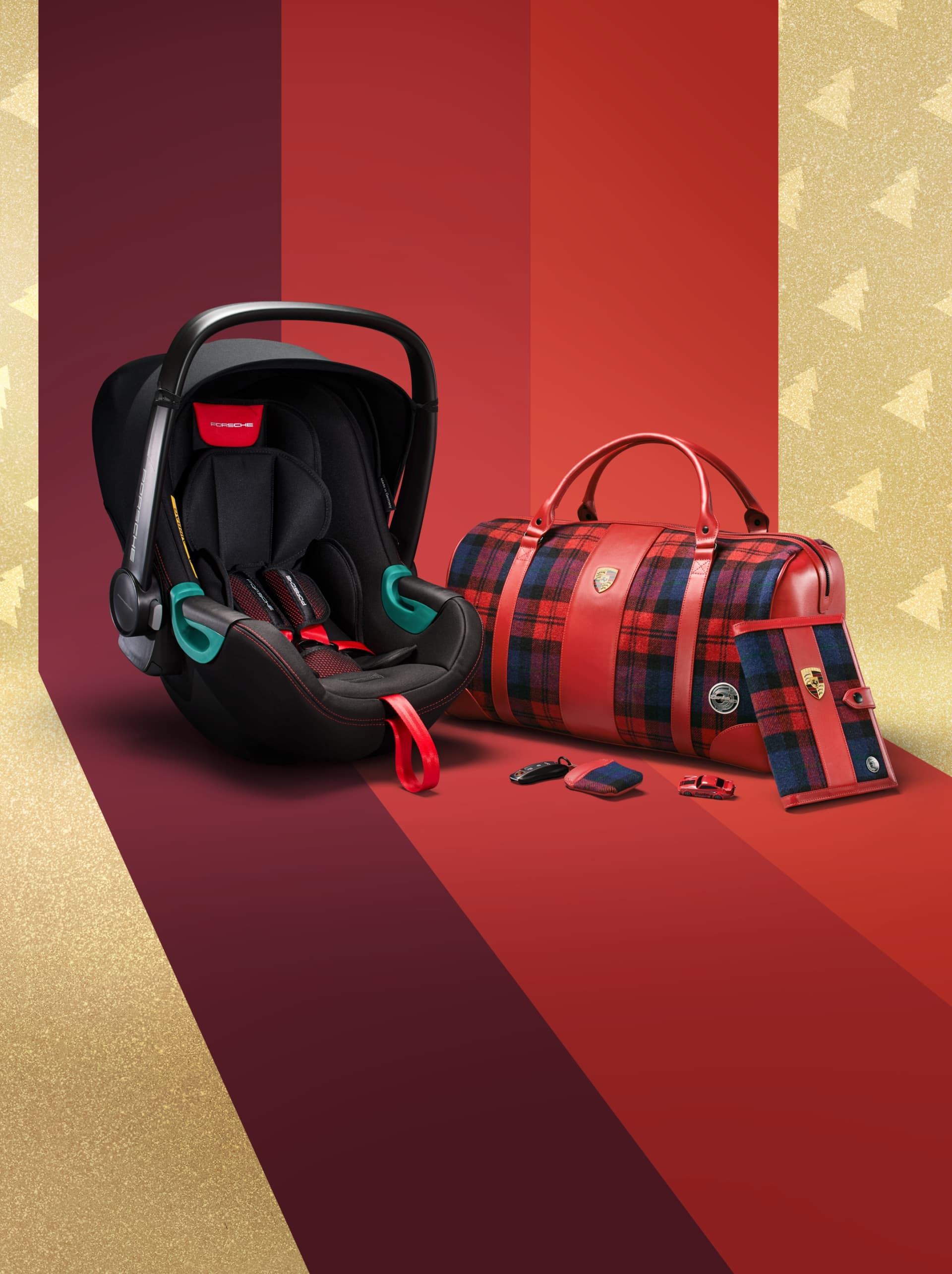 Black car seat and red plaid bag with Porsche logo on a red and gold striped background.