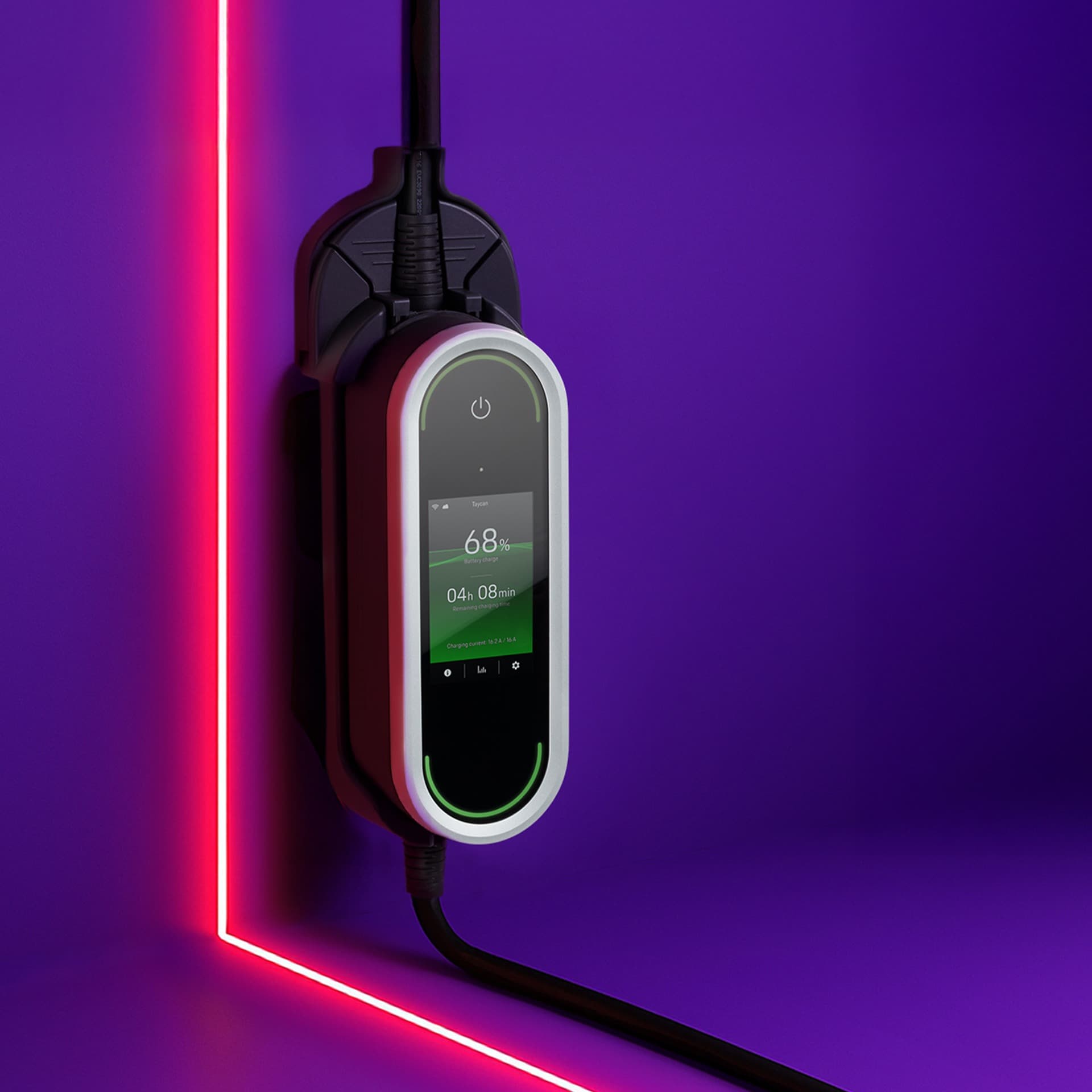 Electric charger on a purple wall with neon red light, displaying 68% charge and 4h 8min remaining.