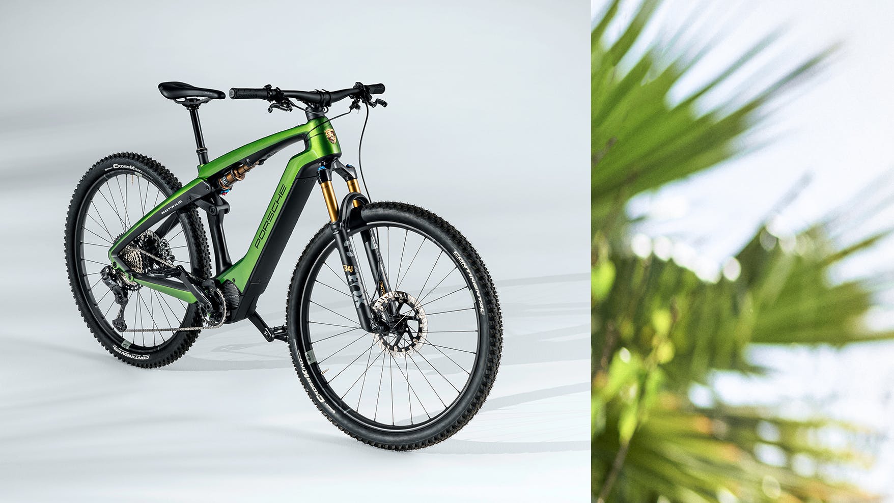 On the left side of the image is the new Porsche eBike Cross Performance EXC in green. On the right side of the picture are palm trees.