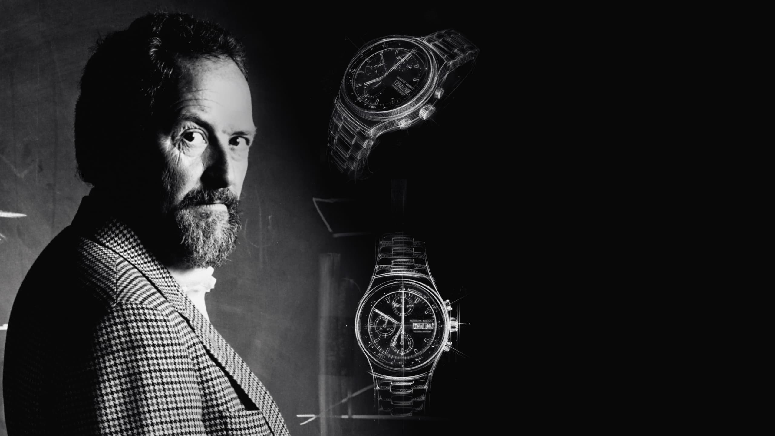 The picture shows a man in black and white looking into the camera, with two stylized clock designs in the background.