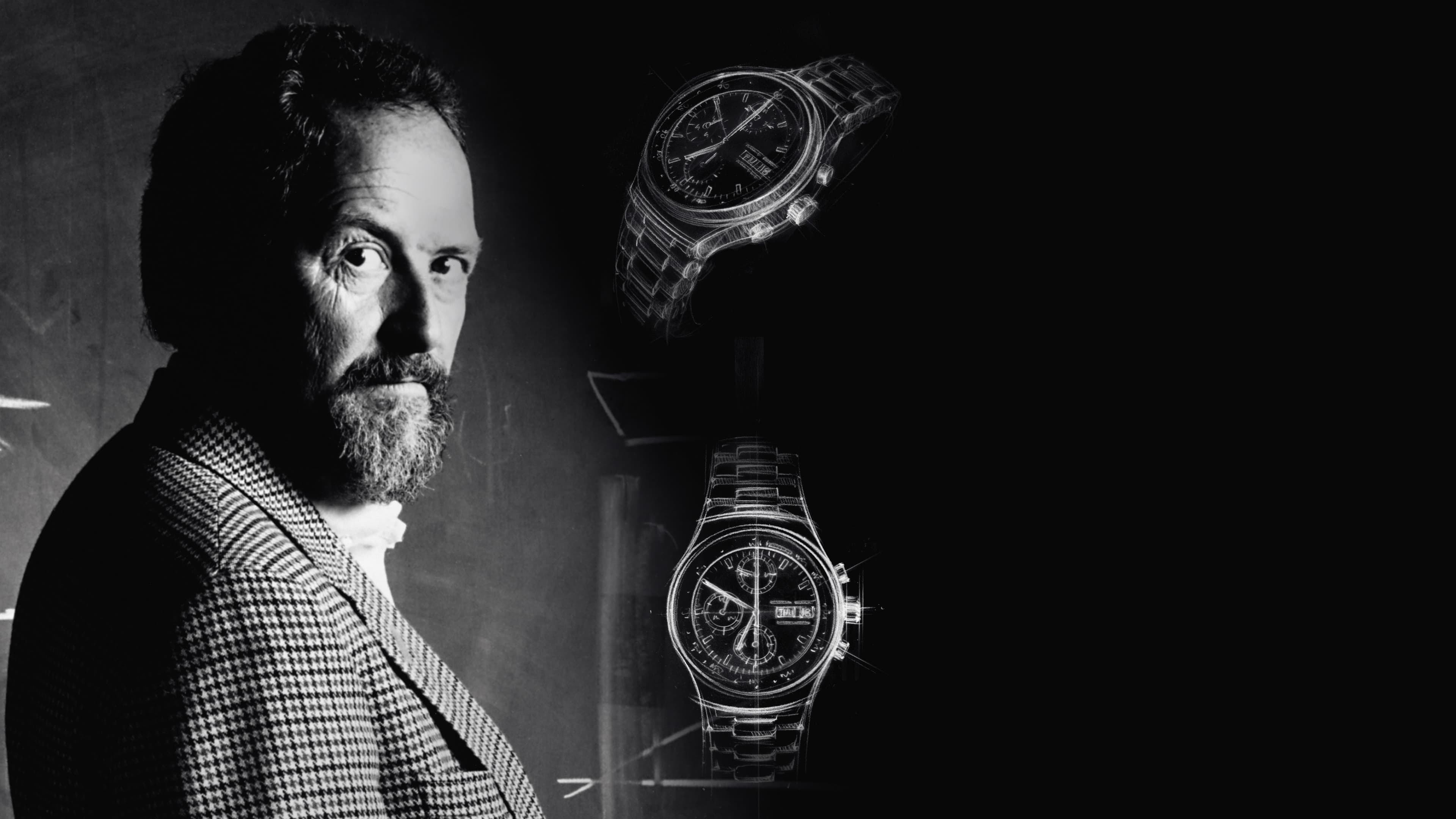 The picture shows Prof Feridnand Alexander Porsche in black and white looking into the camera, with two stylized clock designs in the background.