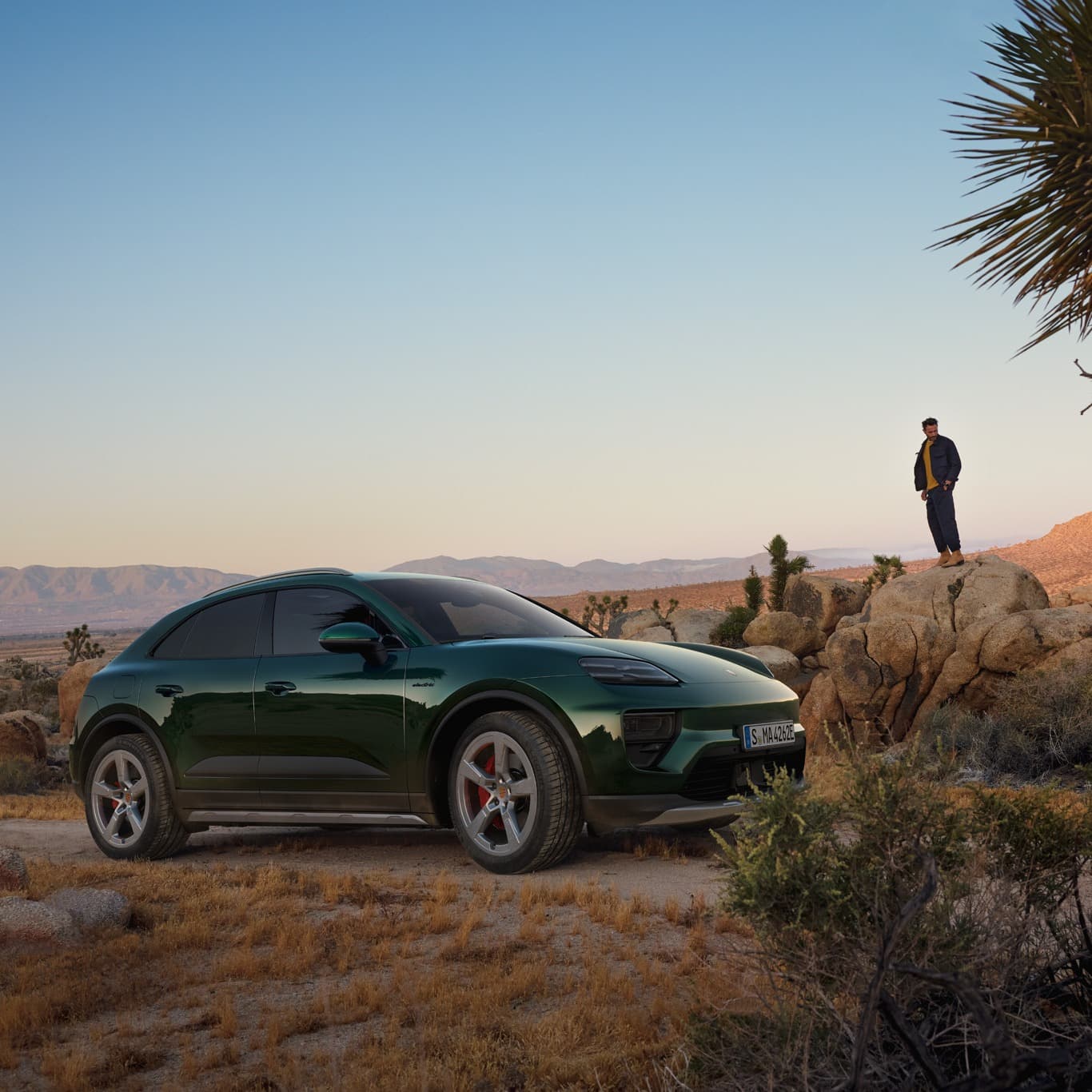 Darkgrreen Porsche Macan standing in the nature