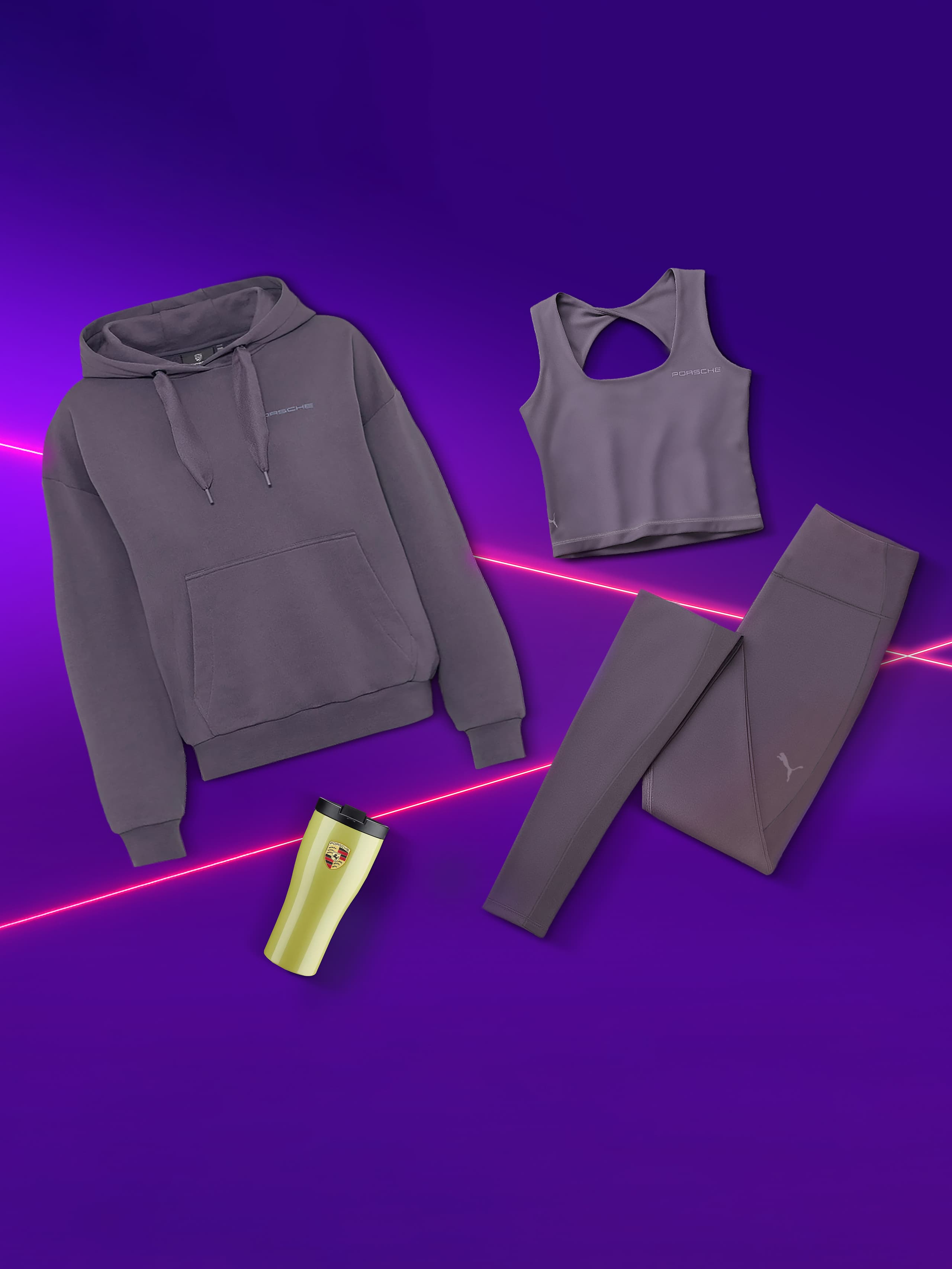 Porsche Yoga- und Sportprodukte auf lila Hintergrund