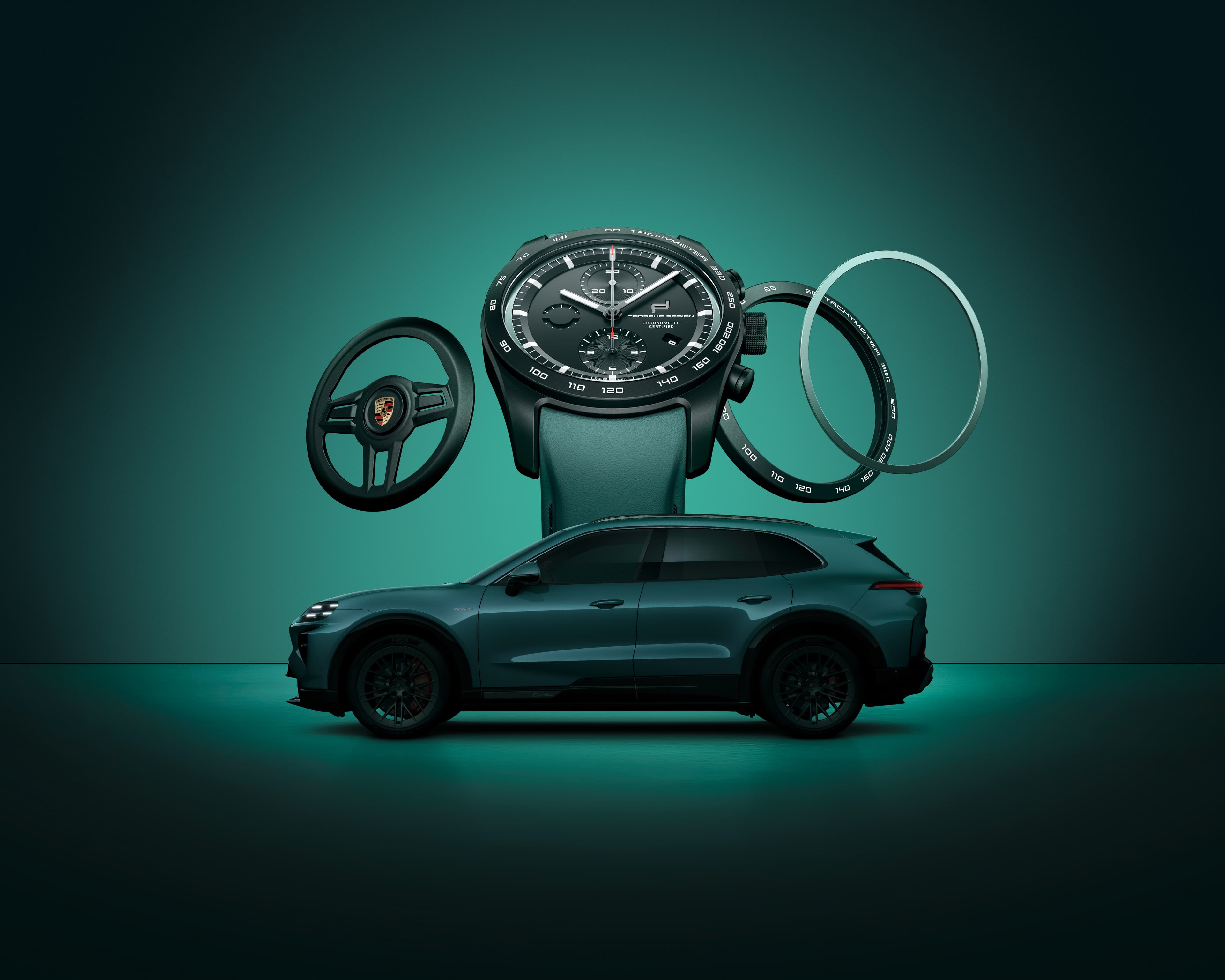 Czarny chronograf Porsche Design z zielonym skórzanym paskiem; obok kierownica i pierścień tachymetru, na dole SUV.