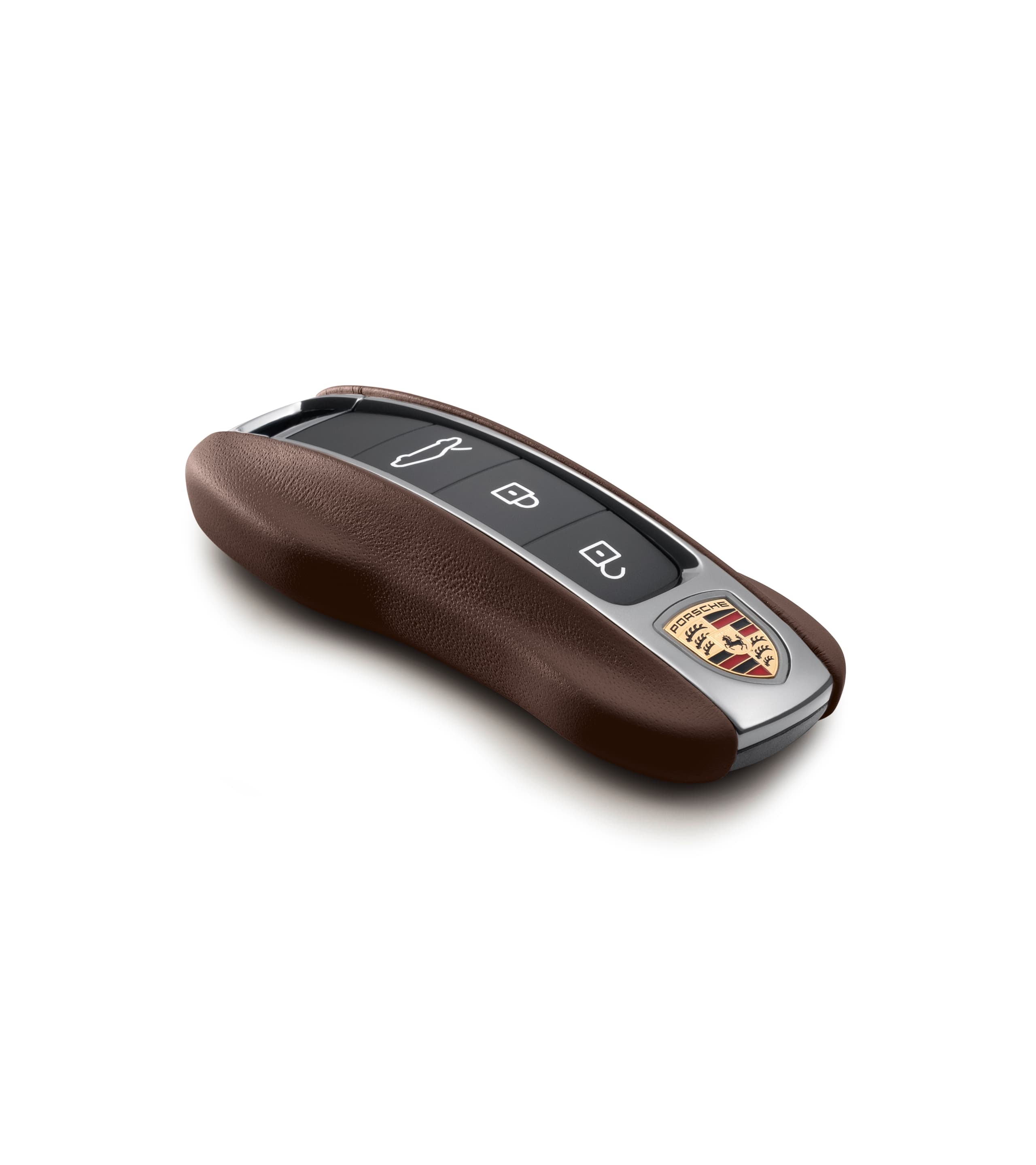 Brown leather Porsche car key with logo, featuring trunk, lock, and unlock buttons, on a white background.
