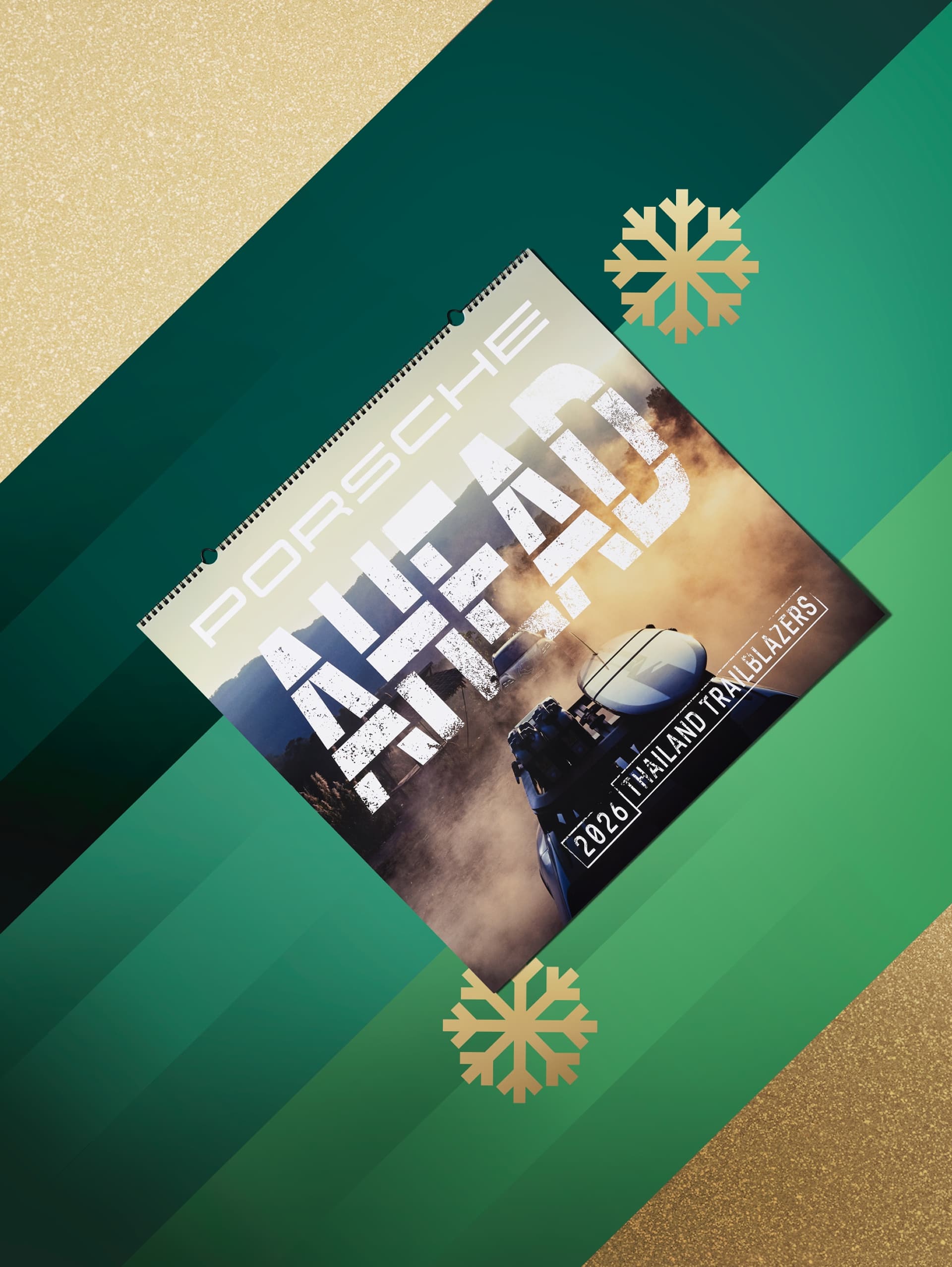 Porsche-Kalender für 2026 auf grünem und goldenem Hintergrund