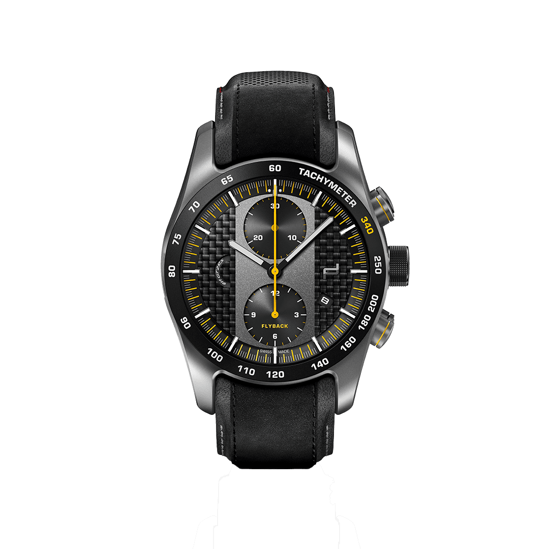 Na zdjęciu zegarek na rękę Porsche Chronograph 1 GT2 RS w kolorze czarnym.
