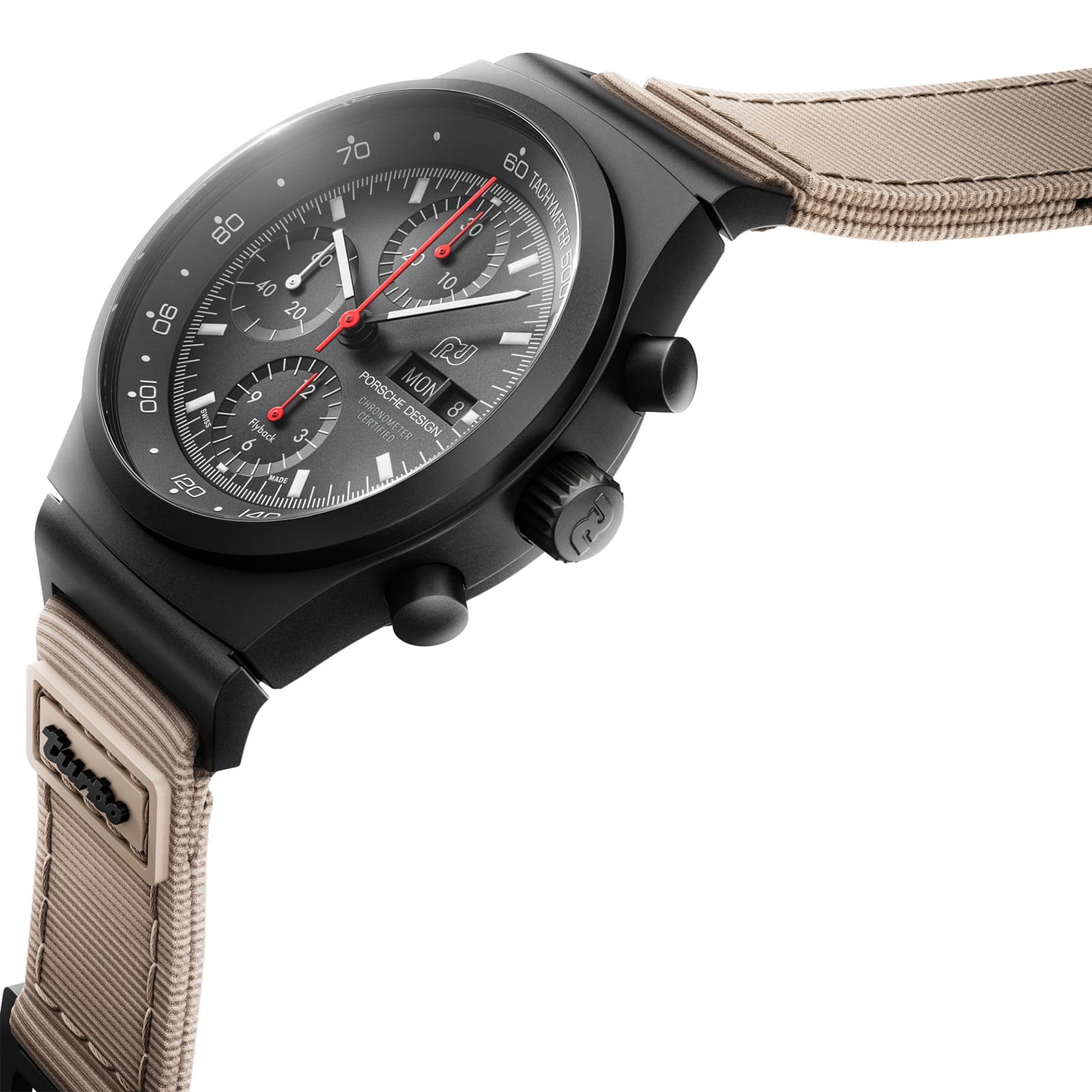 Close up of the new 50Y Chronograph on a white background
