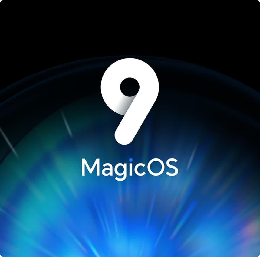 Picture shows the logo of the HONOR operating system MagicOS 9.0. A white nine and lettering on a blue-black background