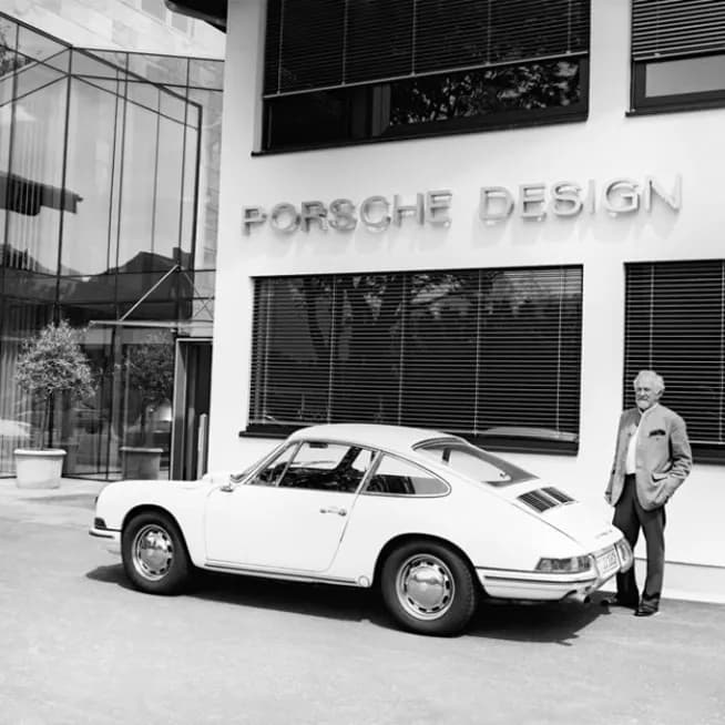 Schwarzweißfoto: weißer Porsche 911 vor Gebäude mit „Porsche Design“-Schriftzug, Mann steht daneben.