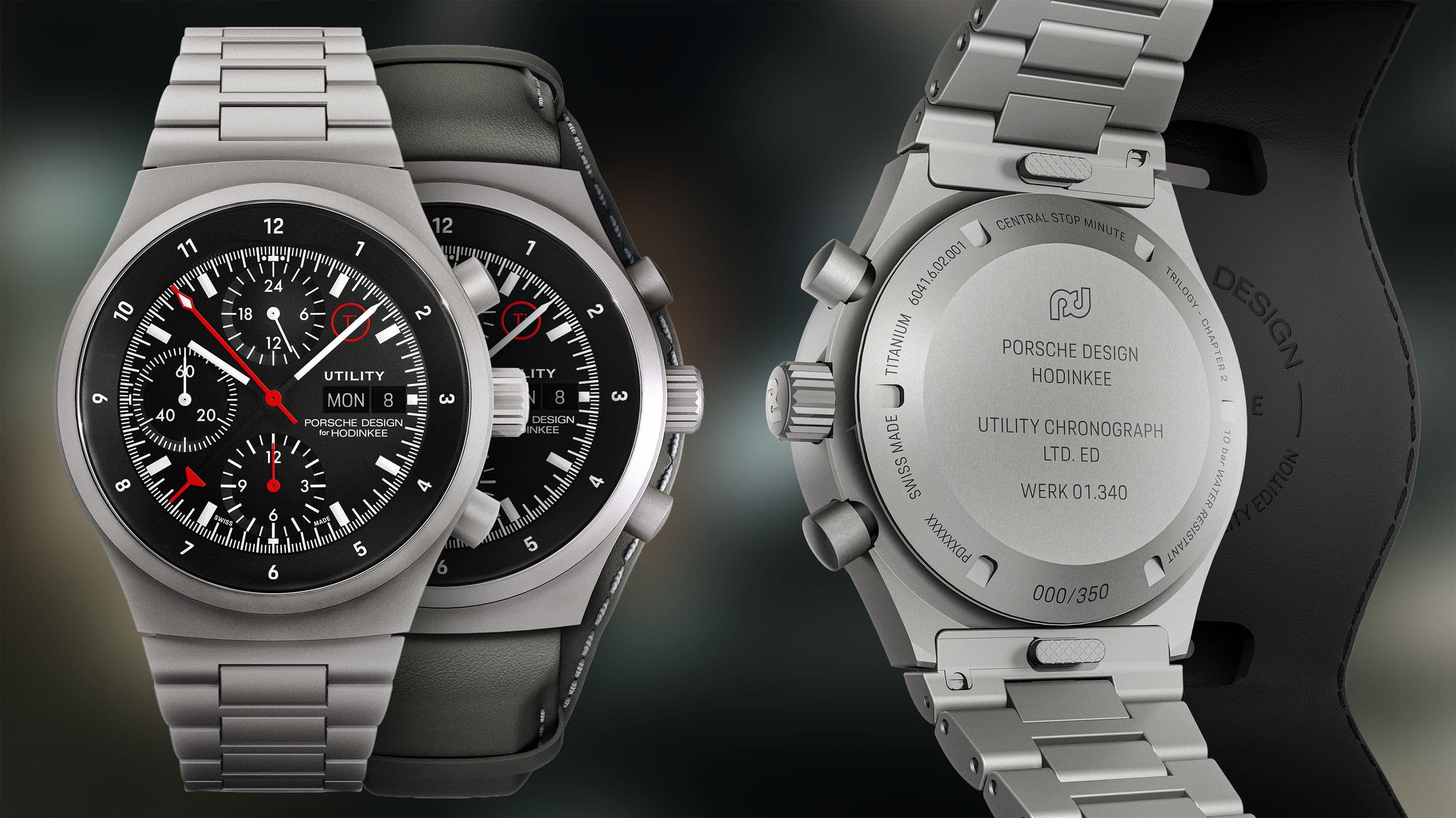 Cronografo Utility Porsche Design in titanio con quadrante nero, lancette rosse, bracciale in titanio, più vista del fondello inciso della cassa