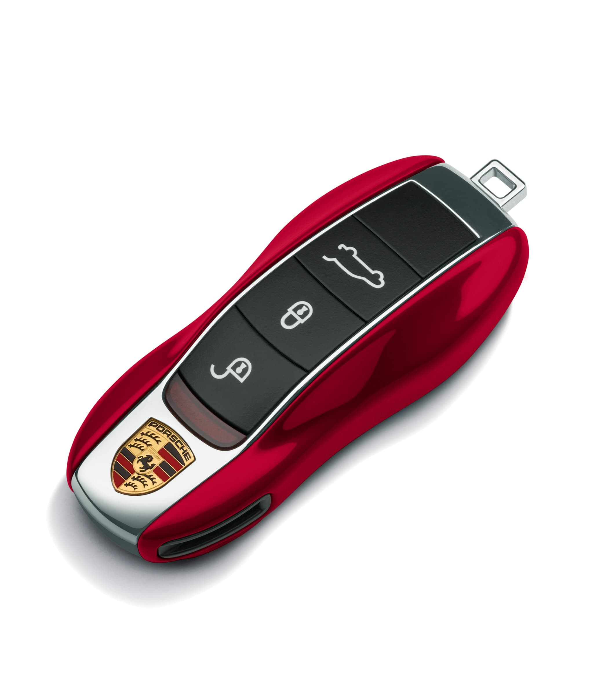 Red Porsche car key with black buttons and logo, on a white background.