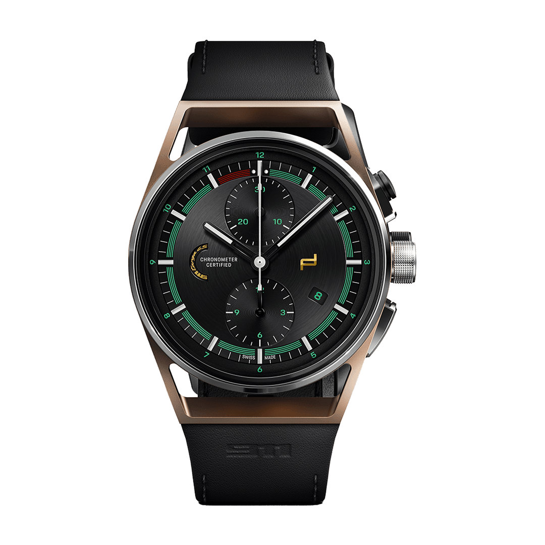 Abgebildet sind zwei Uhren der Chronograph 911 Targa 4S Heritage Design Edition mit braunem Lederarmband.
