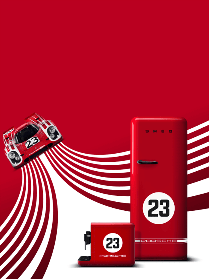 Porsche x Smeg refrigerator and coffee machine with Salzburg livery against a red background with illustrated Porsche 917