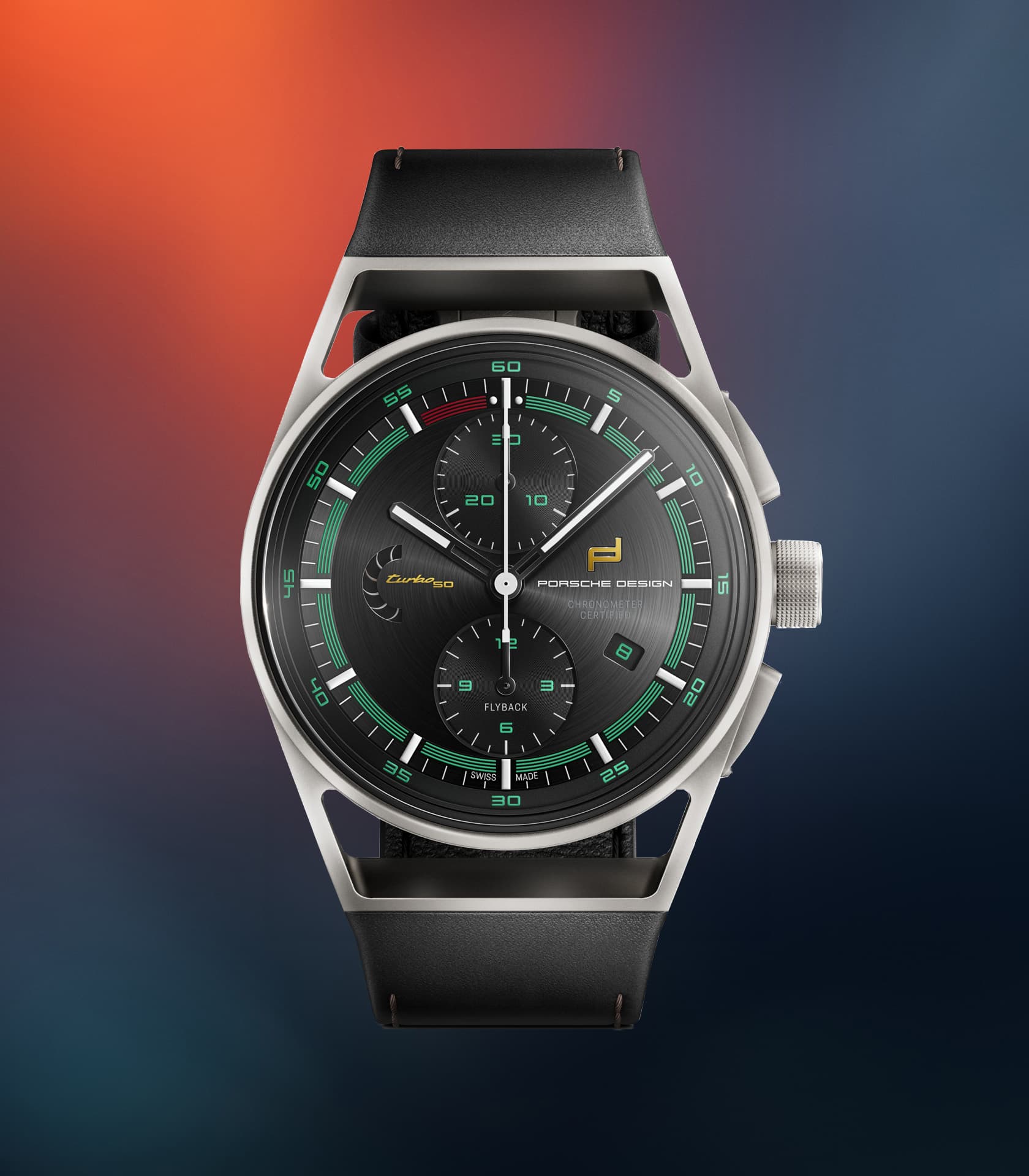 Chronograf Porsche Design z czarną tarczą, zielonymi akcentami i czarnym skórzanym paskiem na tle gradientowym.