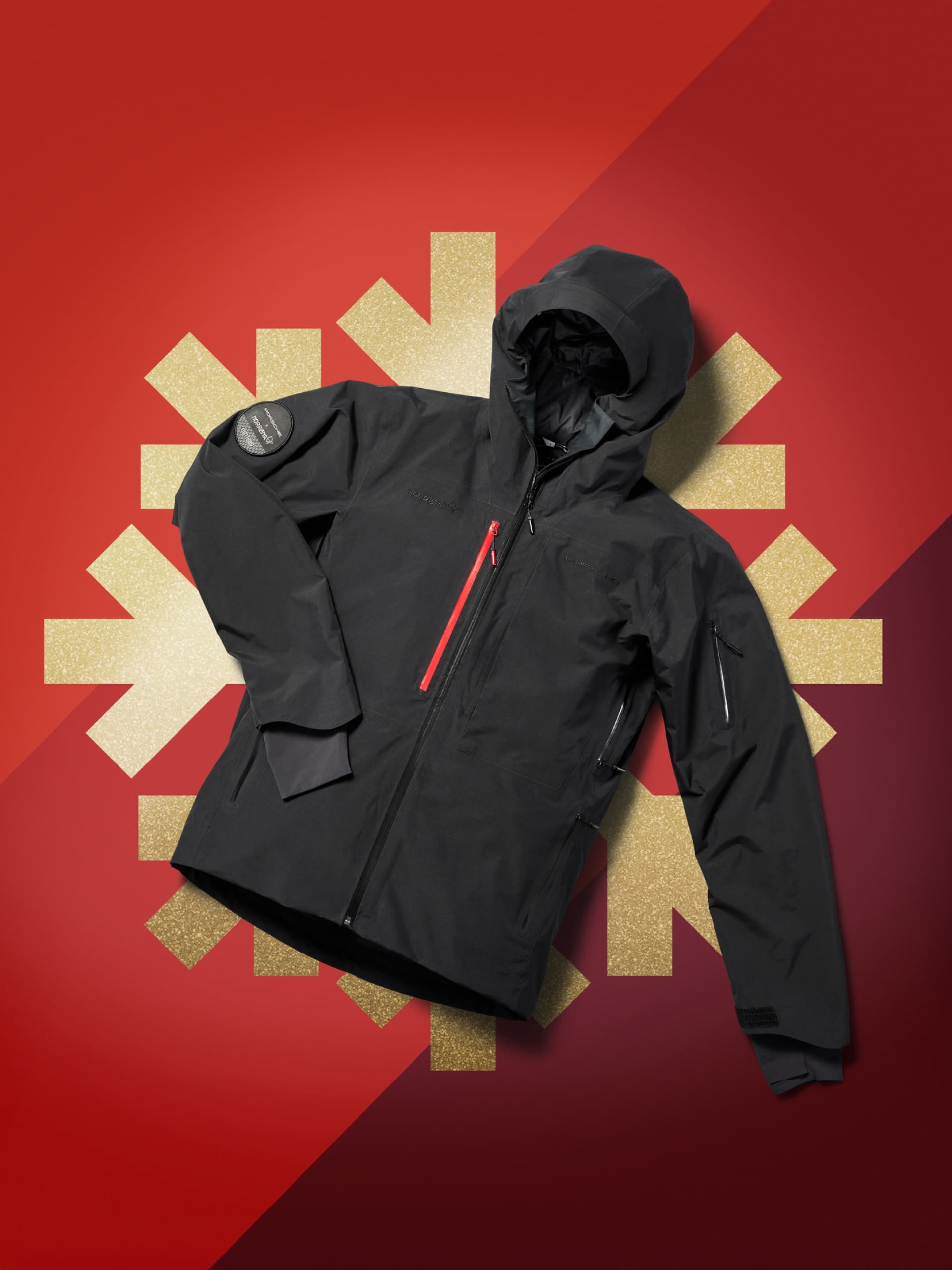 black jacket on golden snowflake background