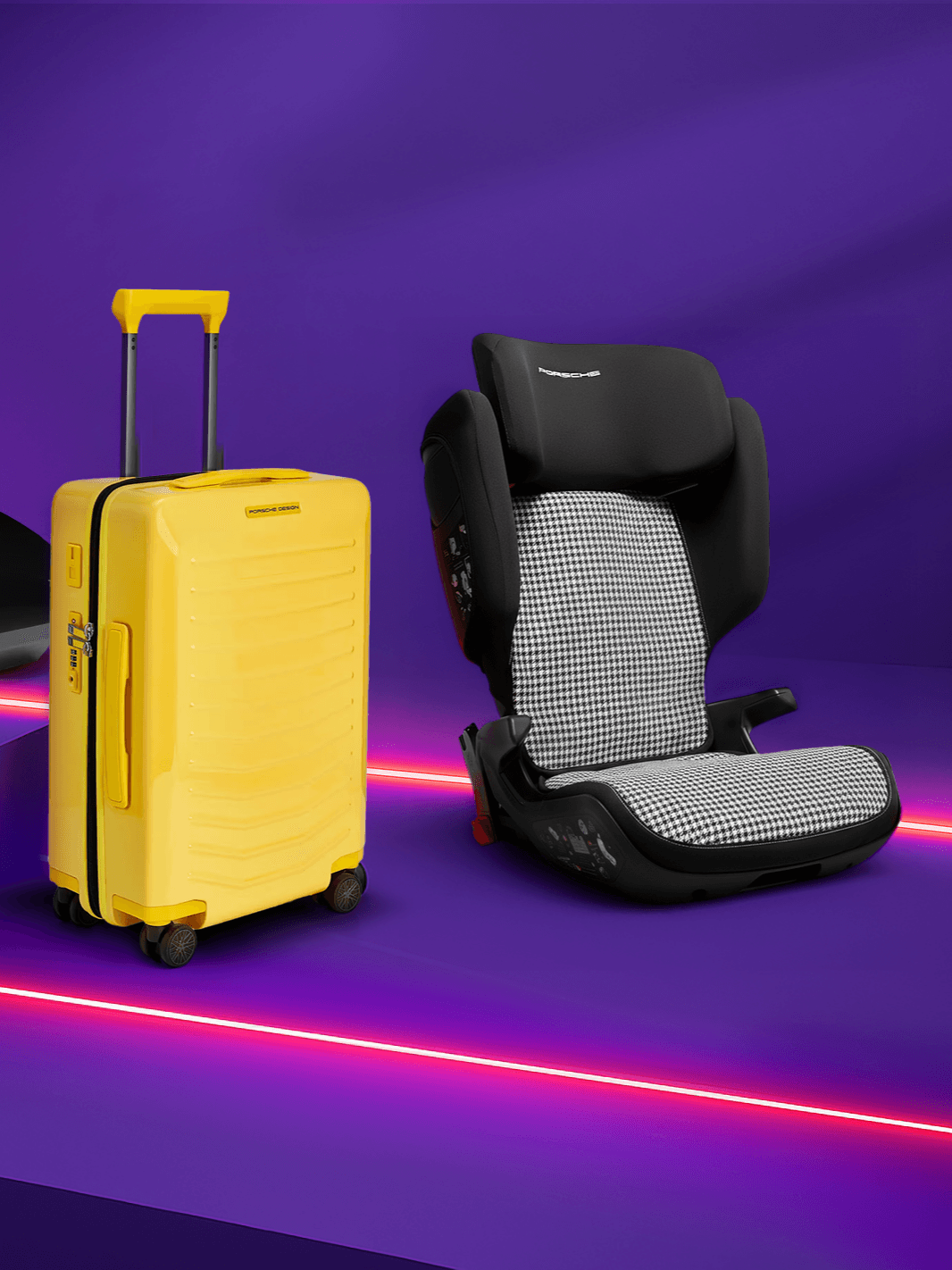 Yellow suitcase and black car seat with houndstooth pattern on purple background with pink neon lines.