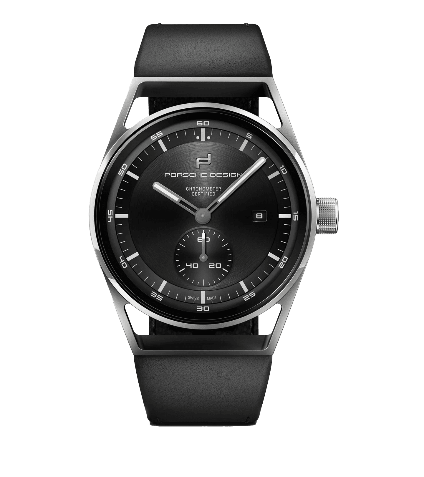 Porsche Design Armbanduhr mit schwarzem Zifferblatt, Datumsfenster und schwarzem Lederarmband, Frontansicht.