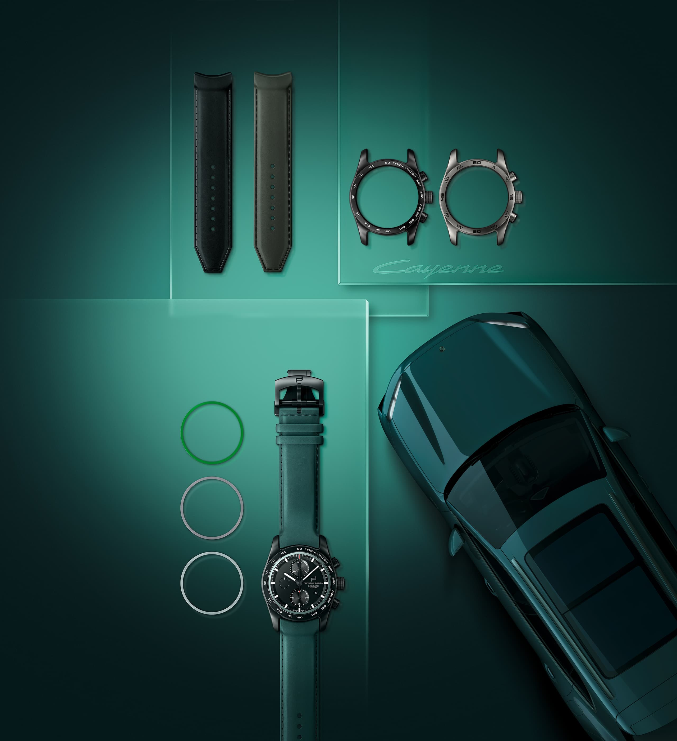 The image shows a Porsche Cayenne presented alongside a matching Porsche watch and interchangeable components such as straps, bezels, and watch cases in a coordinated flat‑lay arrangement.