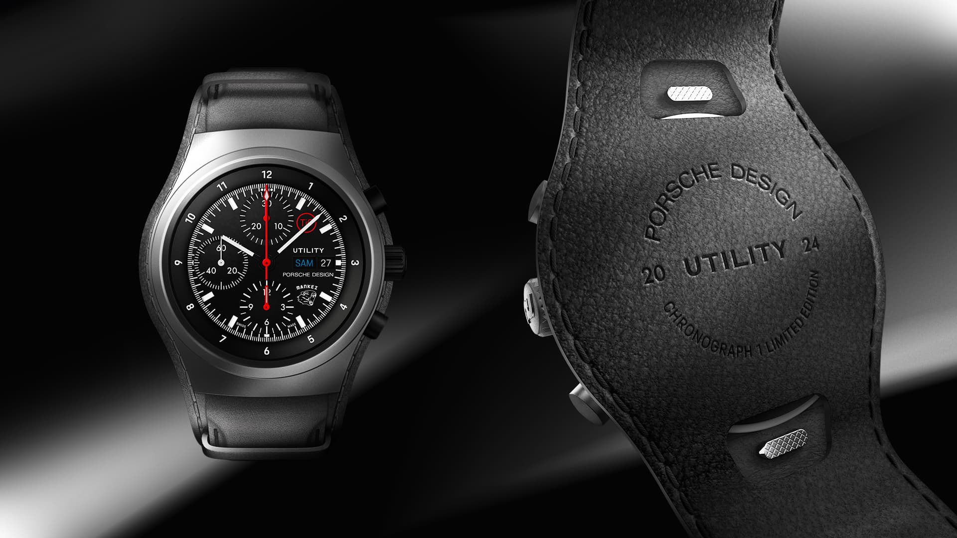 Porsche Design Utility Chronograph watch with black dial, red hands and black leather strap, front and back view.