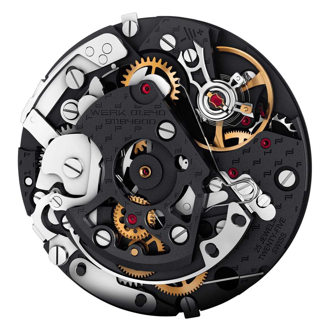 Intricate watch movement with gold gears, black and silver components, and red accents, showcasing precision engineering.