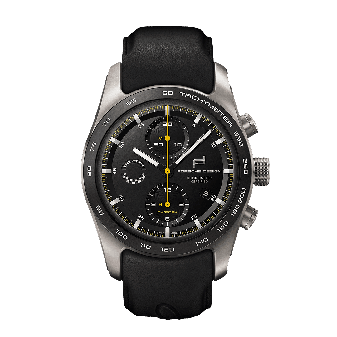 Porsche Design Chronograph-Uhr mit schwarzem Lederarmband, grauem Gehäuse, schwarzem Zifferblatt, gelbem Sekundenzeiger und Tachymeter-Lünette.