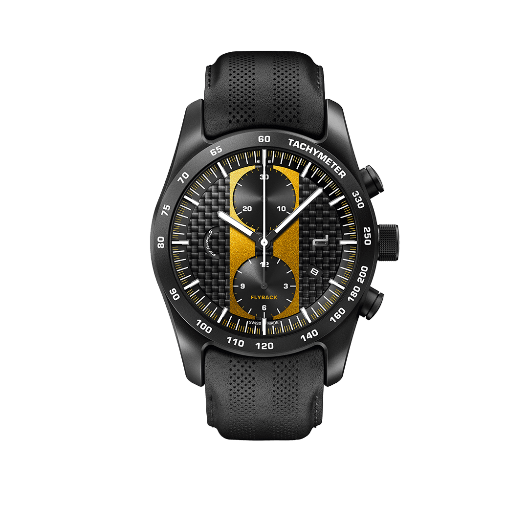 Abgebildet ist die Porsche Chronograph 911 Turbo S Exclusive Series Armbanduhr in Schwarz mit goldenem Zifferblatt.
