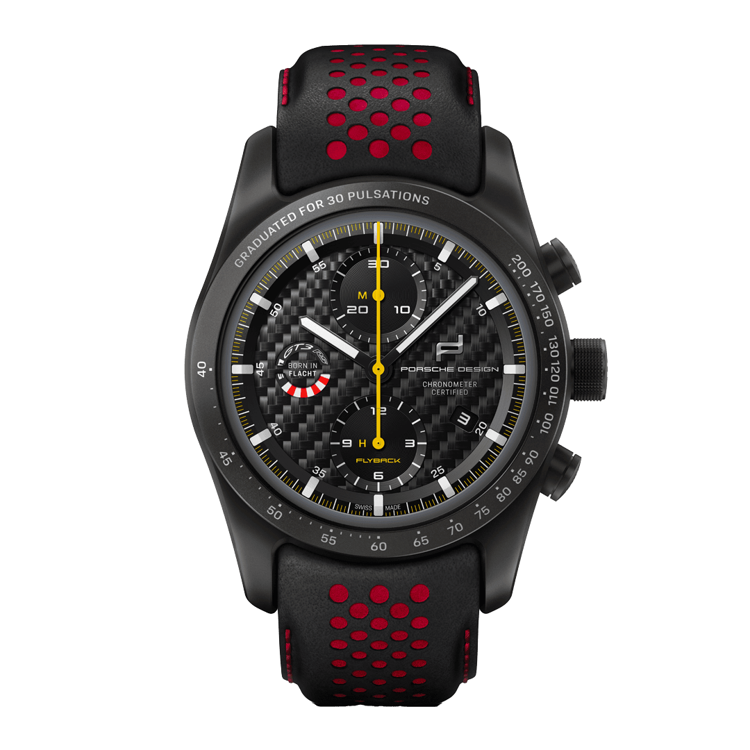 Abgebildet ist die Porsche Chronograph 1 GT3 RS Armbanduhr mit schwarzem und rotem Armband.