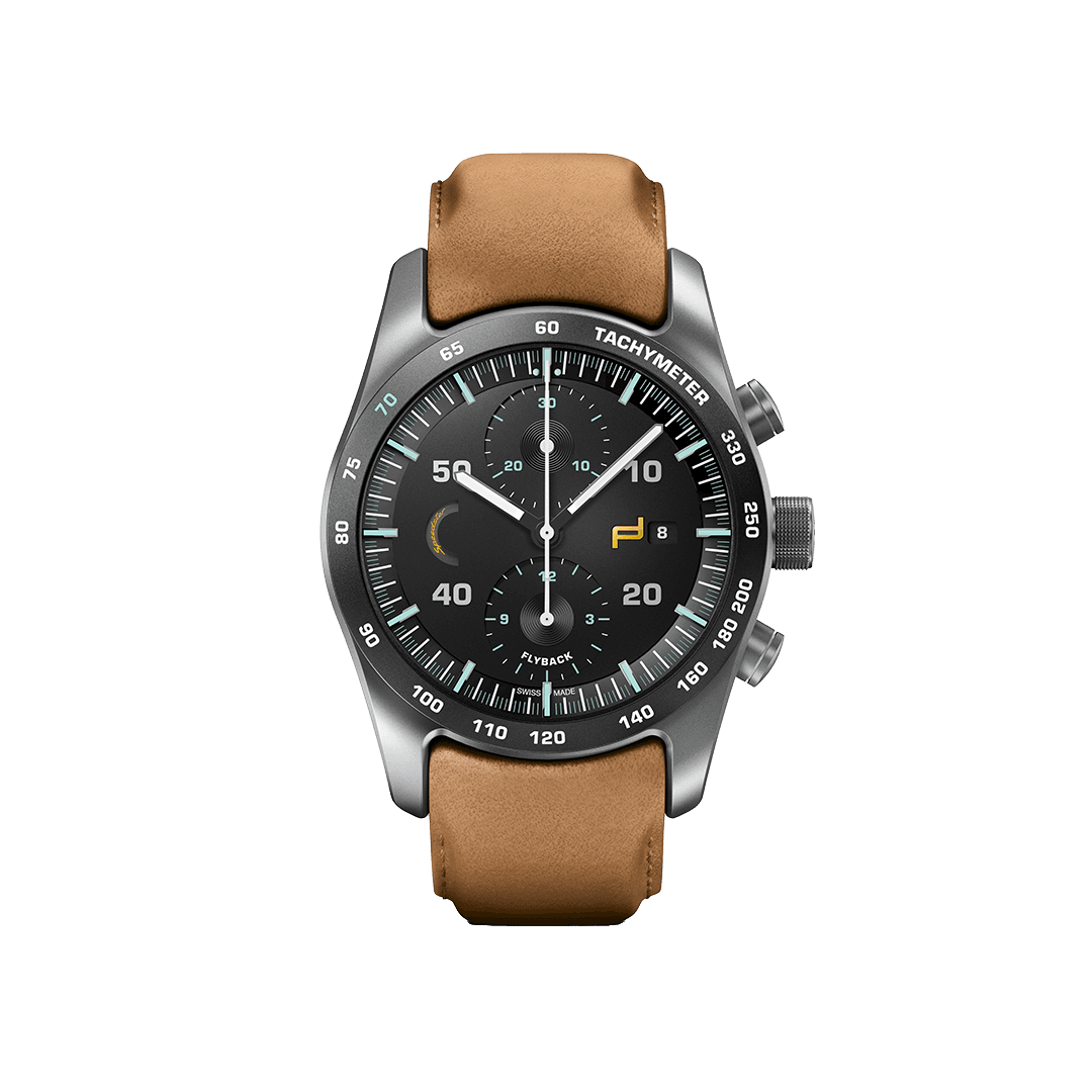 Pictured is the Chronograph 911 Speedster Heritage Design Porsche wristwatch with brown strap