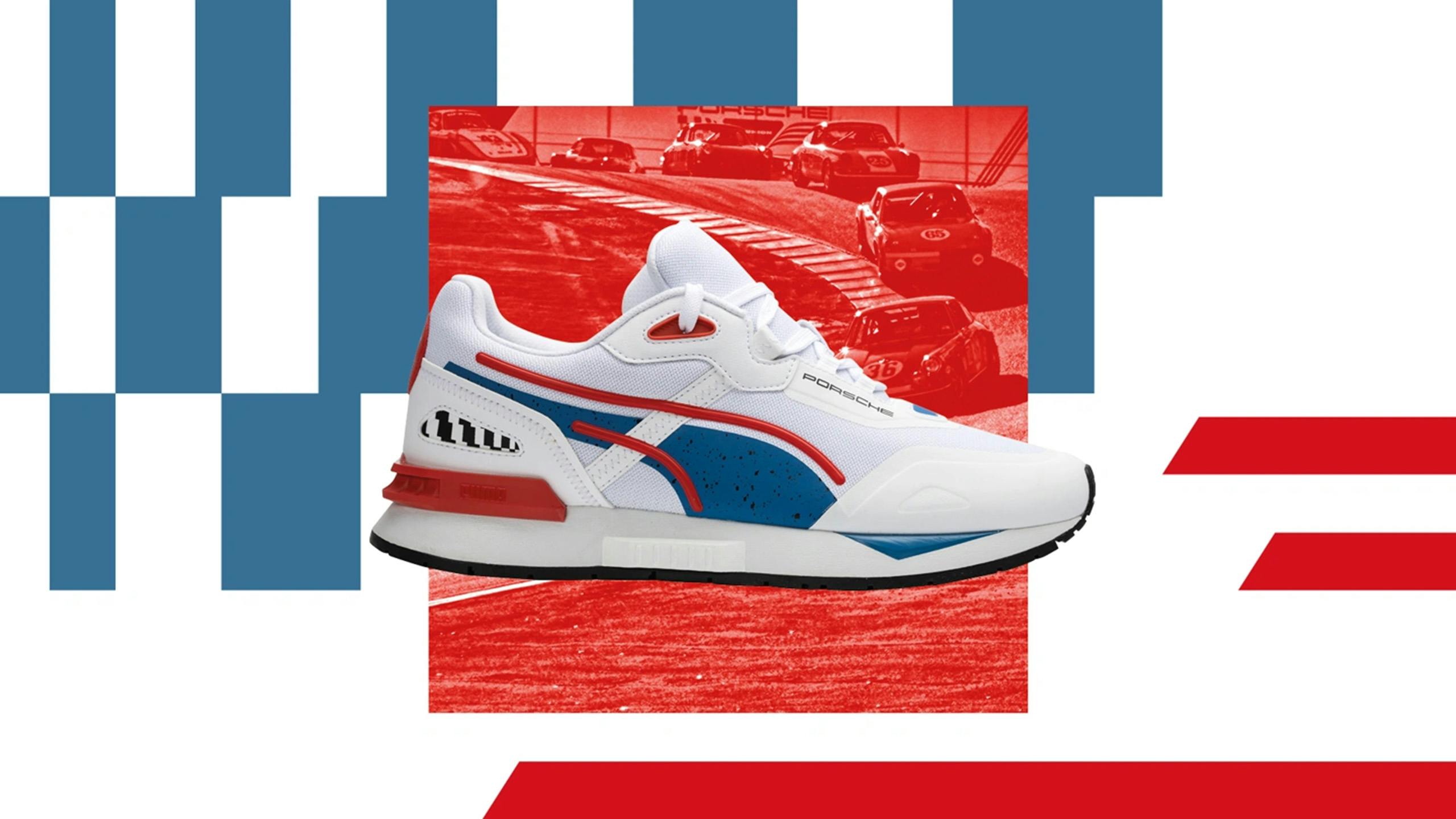 You can see a white sneaker with red and blue details. In the background you can see an old picture with a Porsche racetrack.