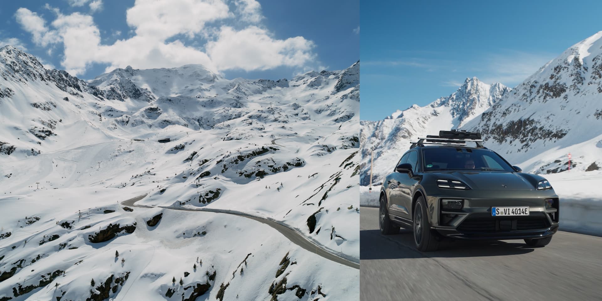 Sleek black Porsche driving on snowy mountain road under clear blue sky, surrounded by snow-covered peaks.