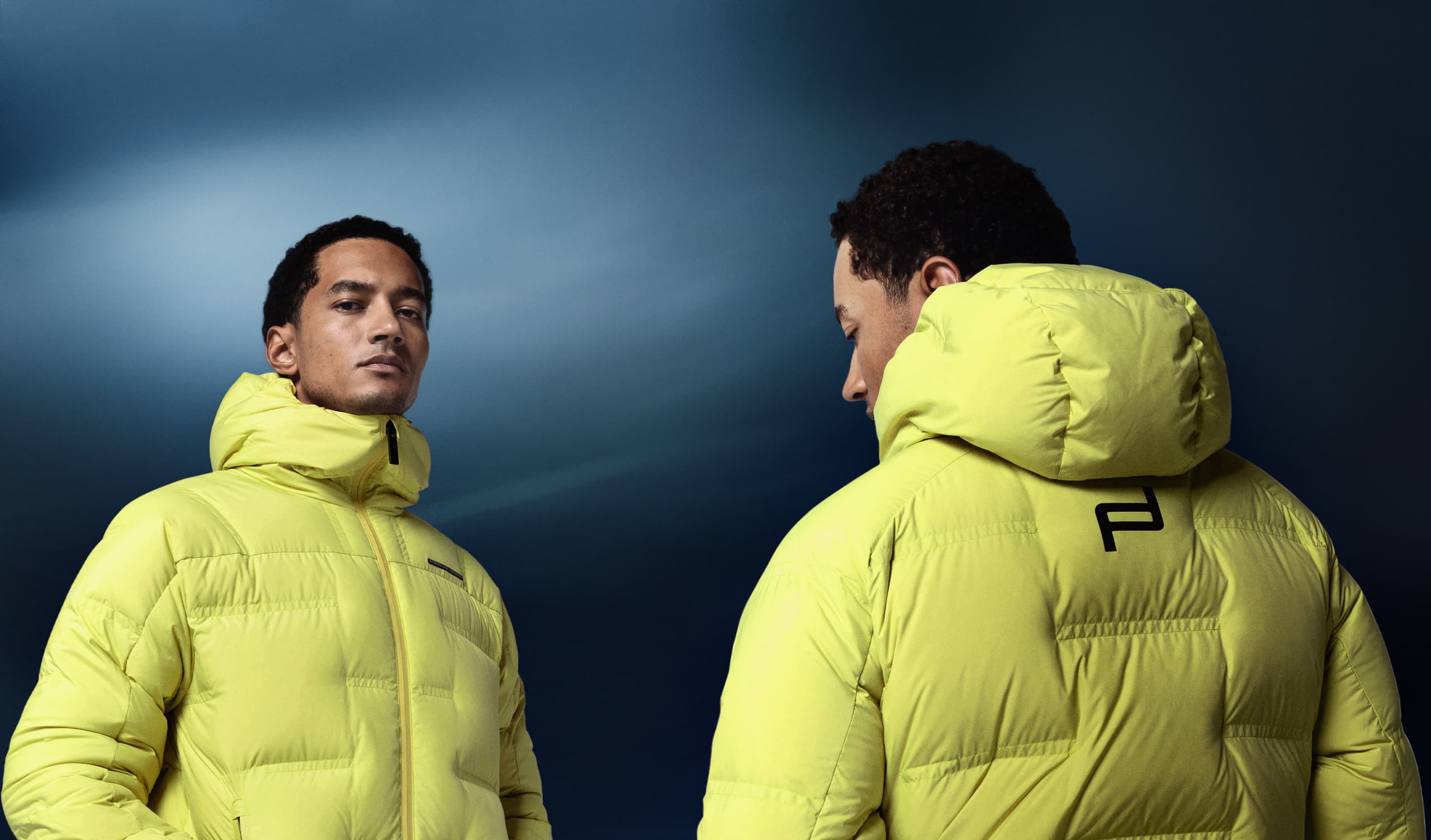 Composing of two images, showing a man wearing a Porsche Design Down Jacket in yellow